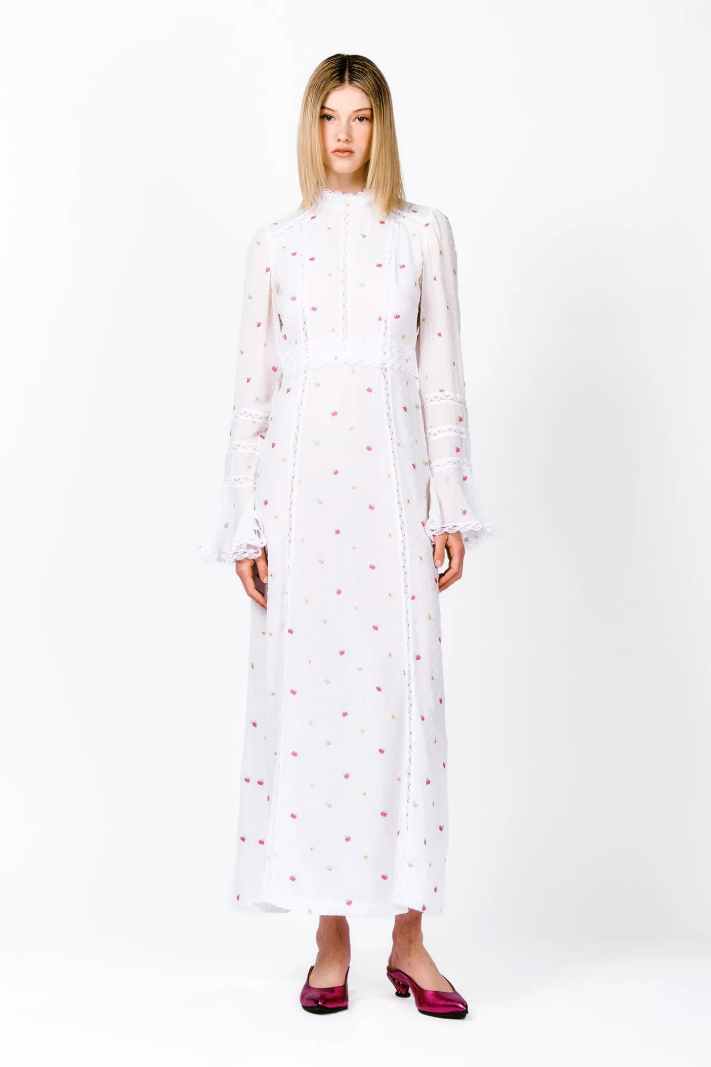 Cluny Lace Trimmed Floral Swiss Dot Maxi Dress
