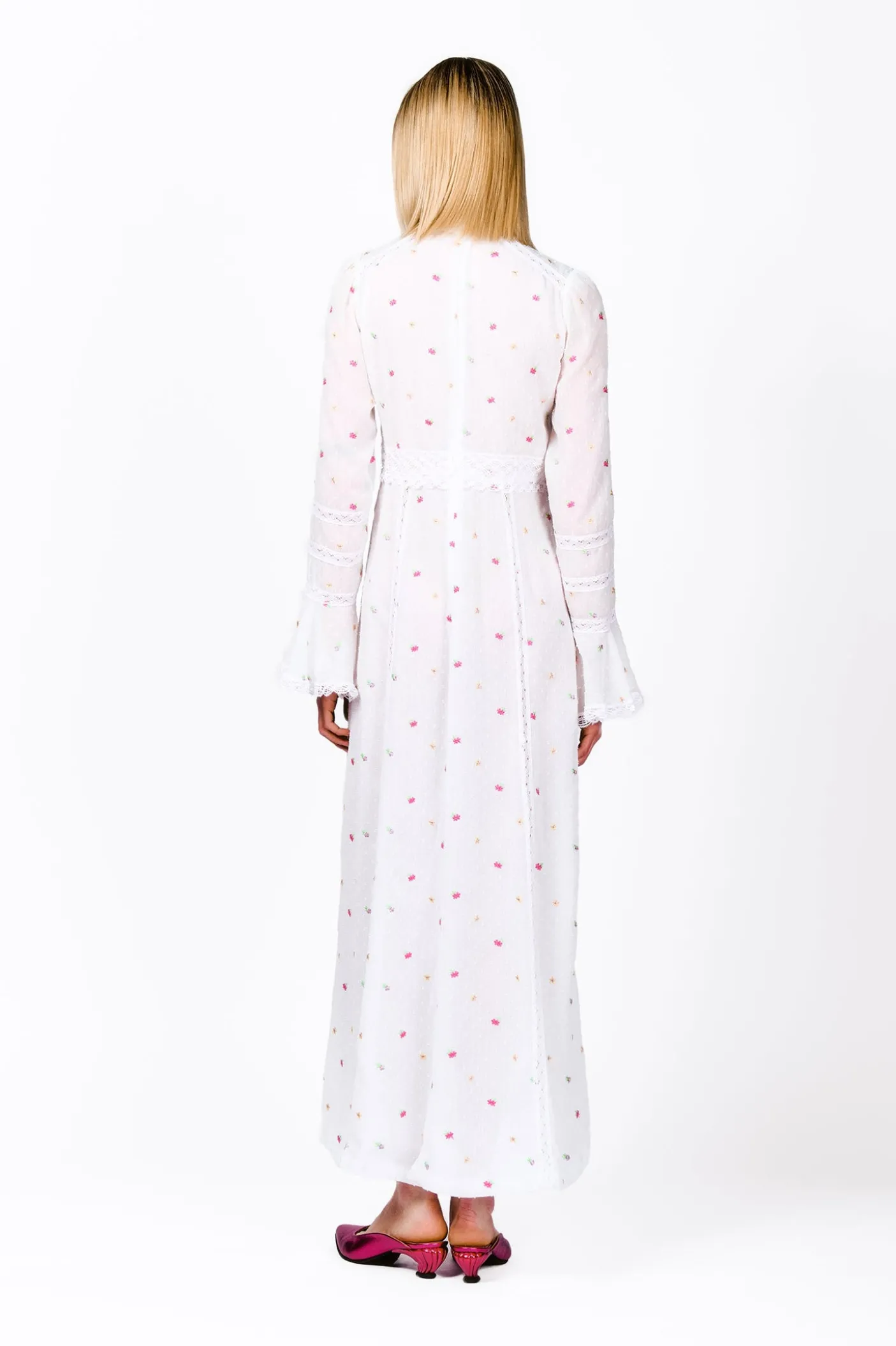 Cluny Lace Trimmed Floral Swiss Dot Maxi Dress