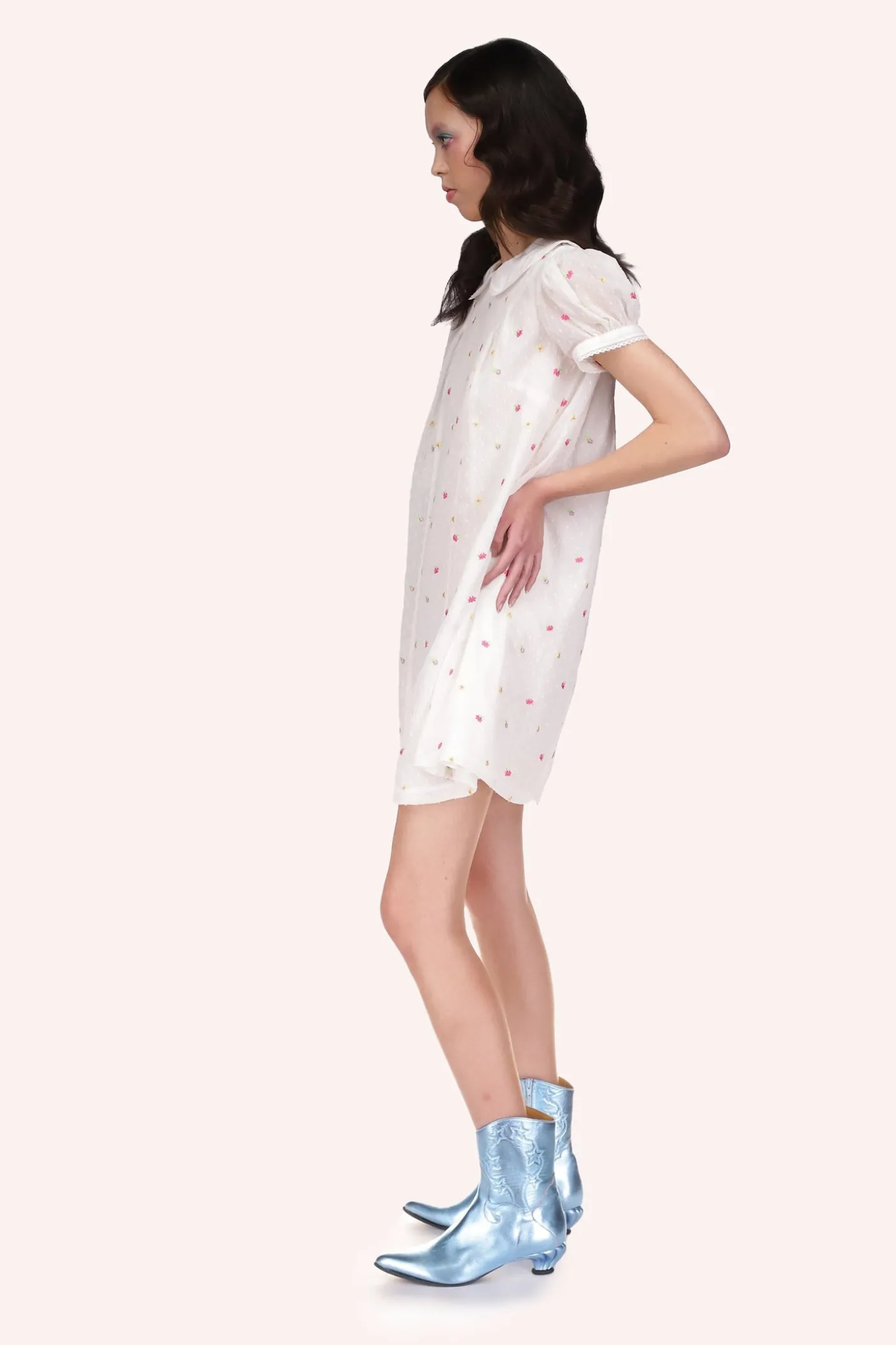 Cluny Lace Trimmed Floral Swiss Dot Babydoll Dress