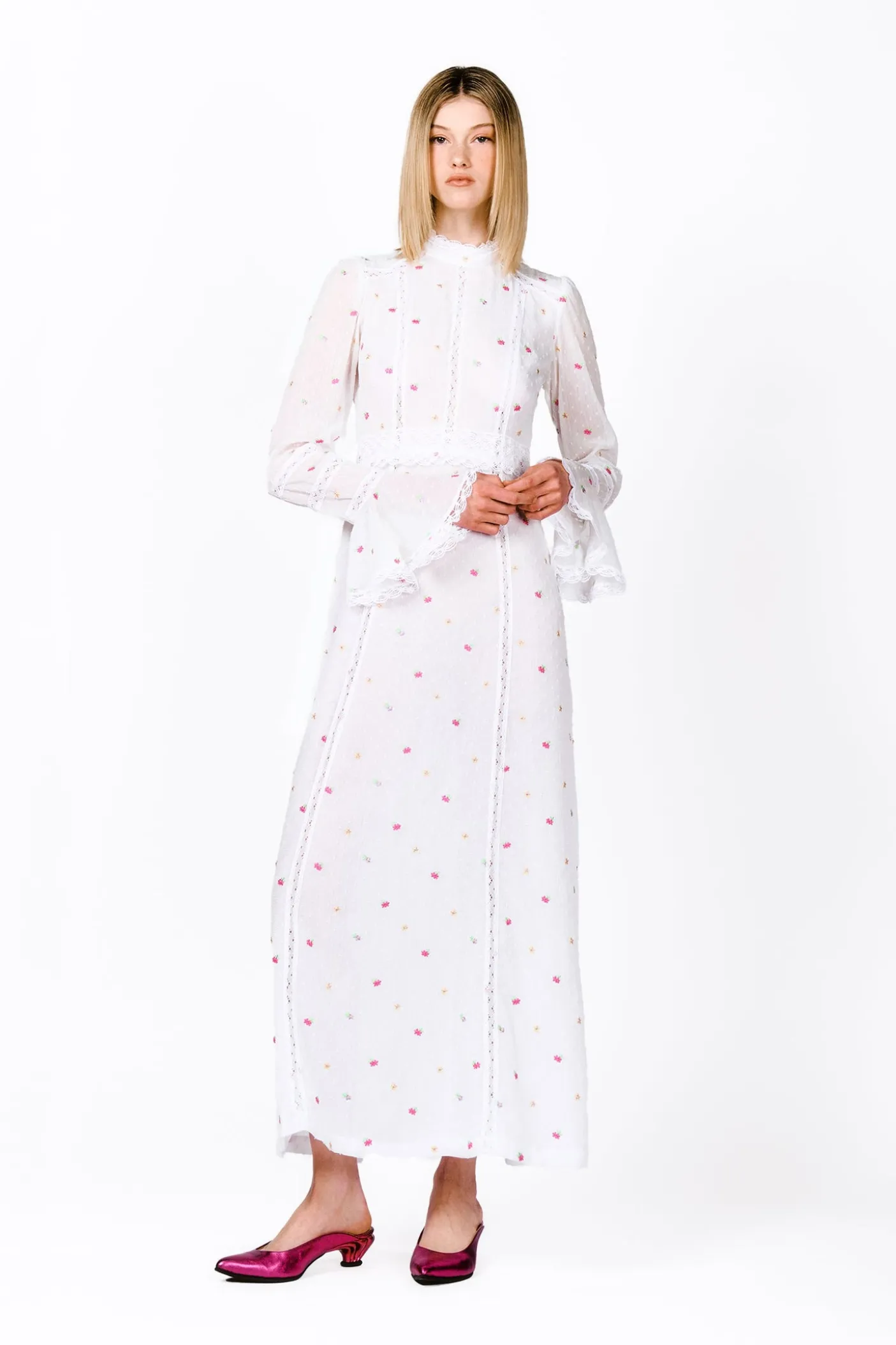 Cluny Lace Trimmed Floral Swiss Dot Maxi Dress