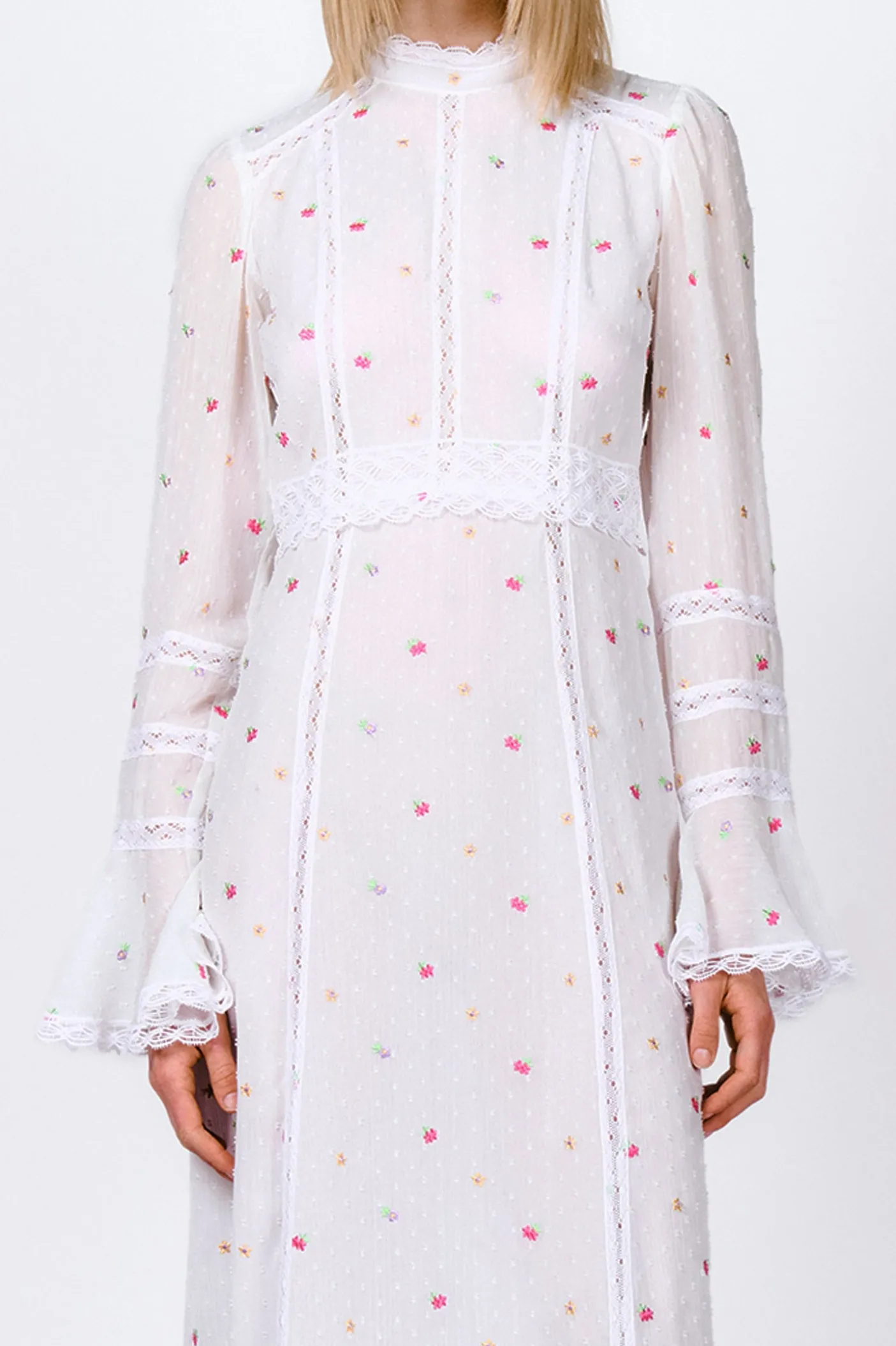 Cluny Lace Trimmed Floral Swiss Dot Maxi Dress