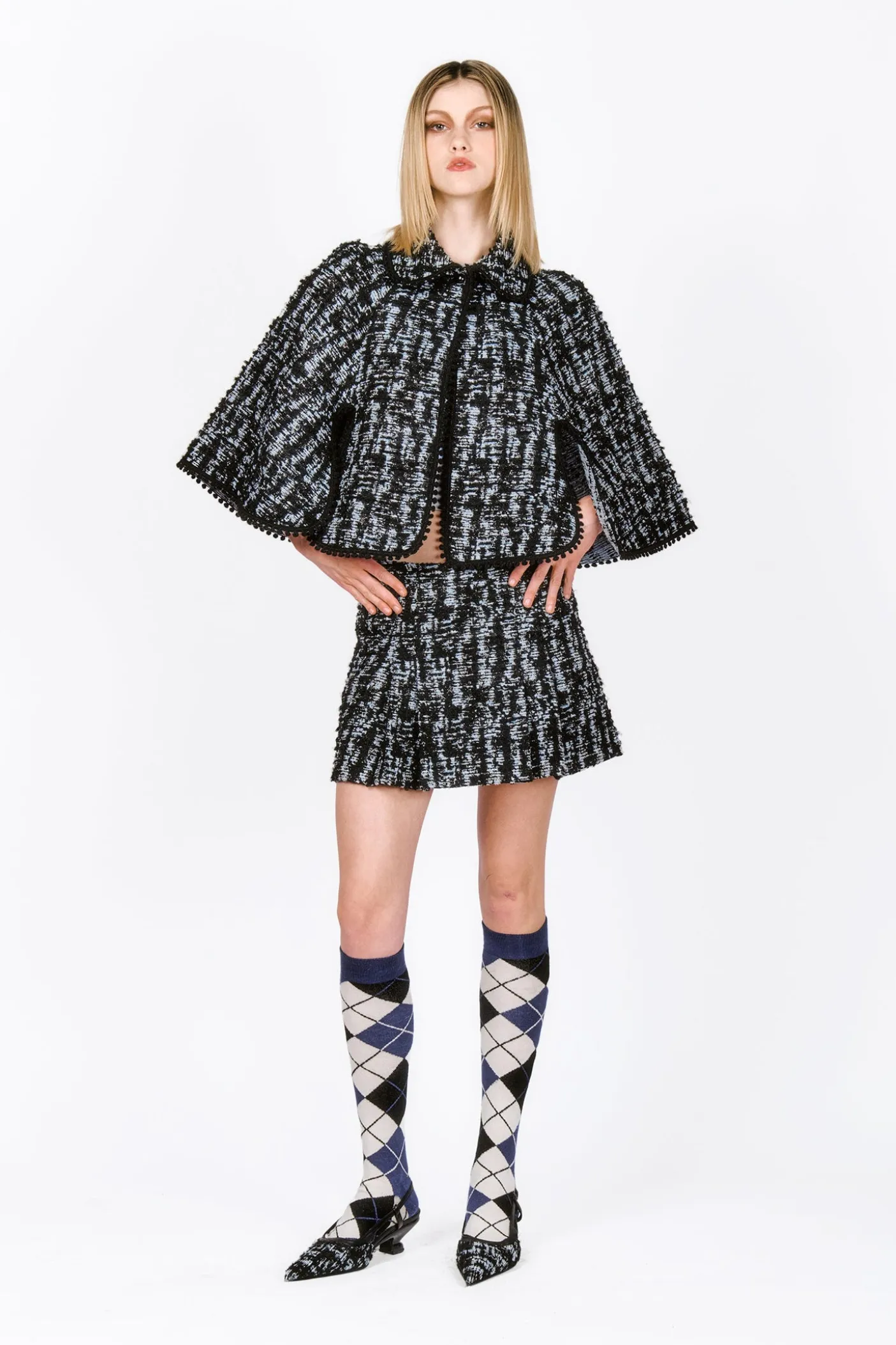Cornflower Tweed Pleated Mini Skirt