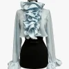 Crepe Ruffle Cropped Blouse