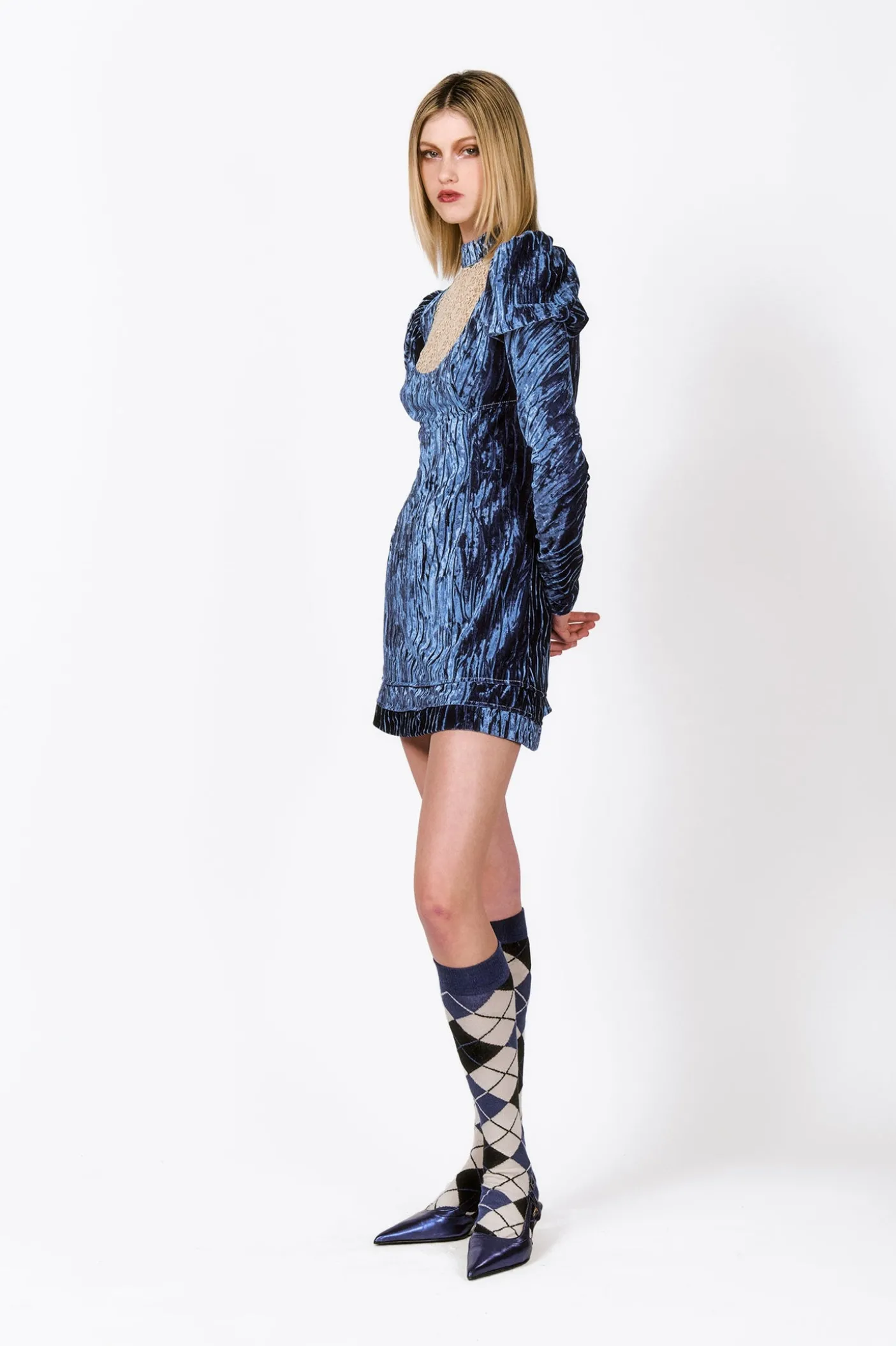 Crushed Velvet Cream Lace Mini Dress