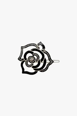Cutout Crystal Embroidered Rose Side Barrette-Black