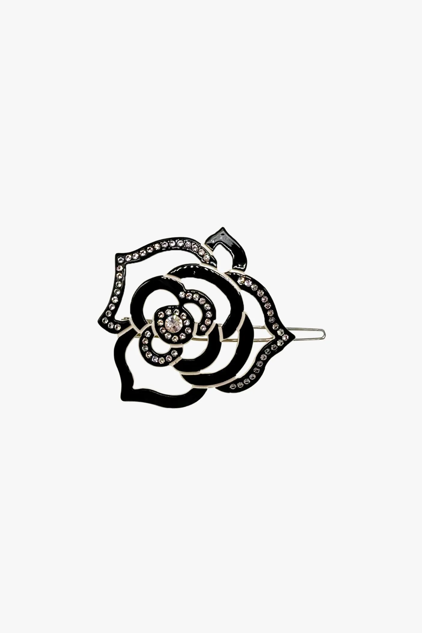 Cutout Crystal Embroidered Rose Side Barrette-Black