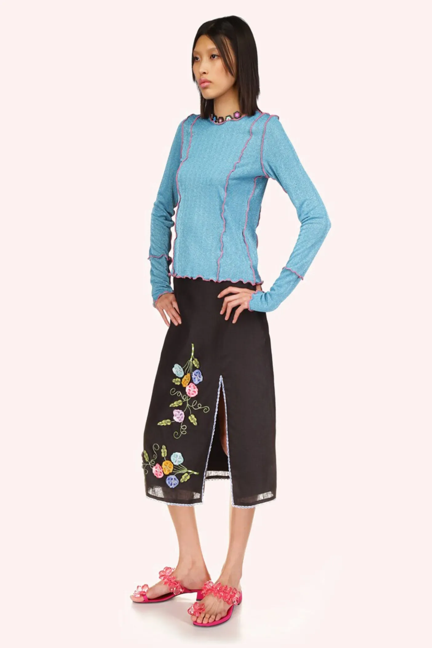3-D Pansy Embroidered on Linen Skirt