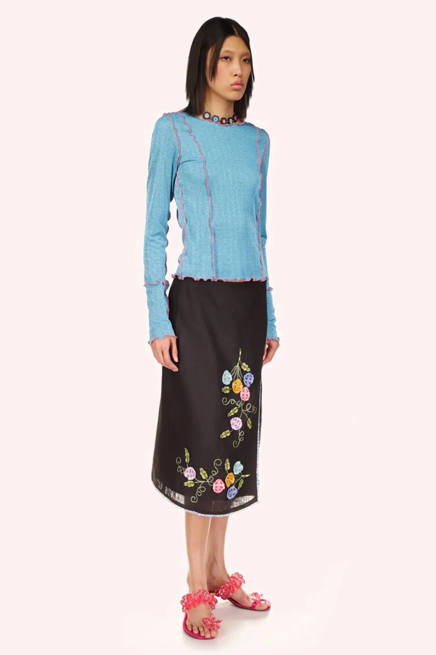 3-D Pansy Embroidered on Linen Skirt