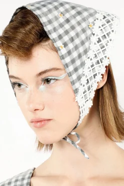 Daisy Embroidery on Gingham Headscarf