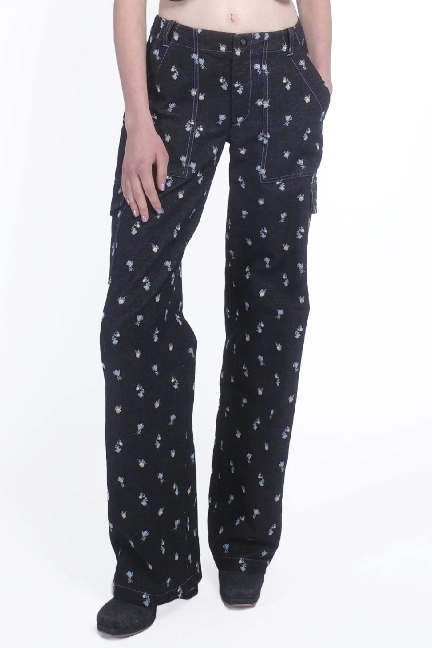 Denim Embroidered Roses Cargo Pants