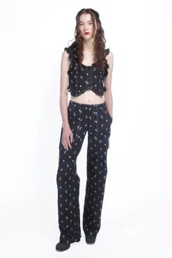 Denim Embroidered Roses Cropped Vest