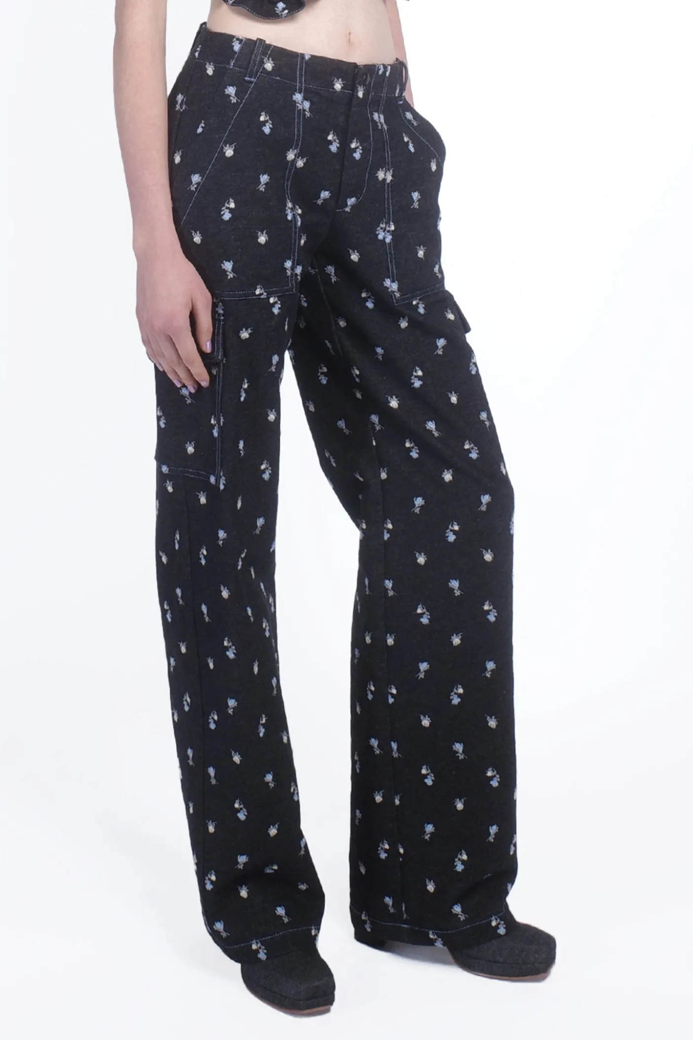 Denim Embroidered Roses Cargo Pants