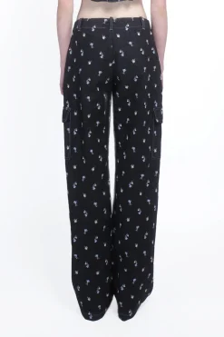 Denim Embroidered Roses Cargo Pants