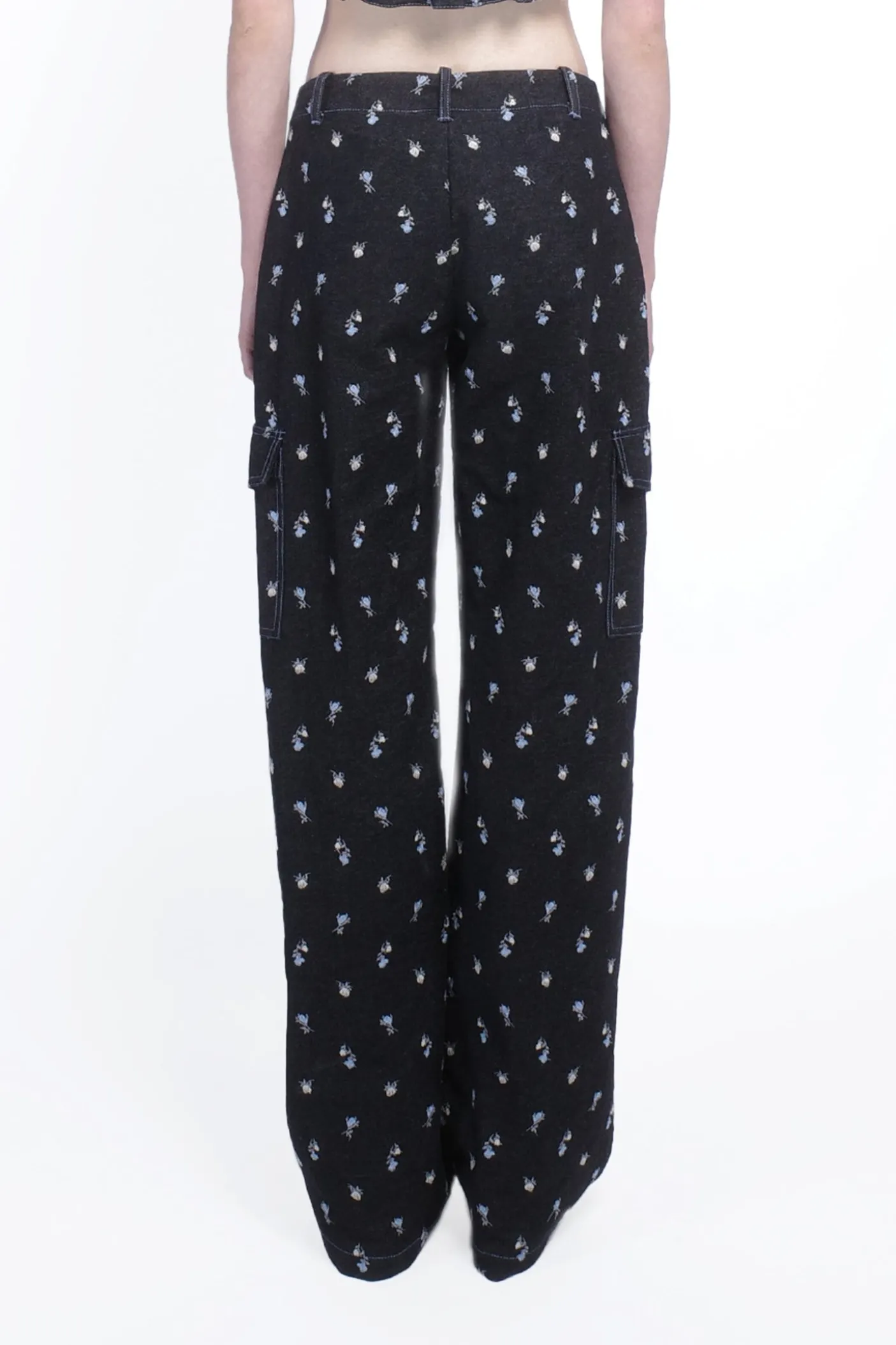 Denim Embroidered Roses Cargo Pants