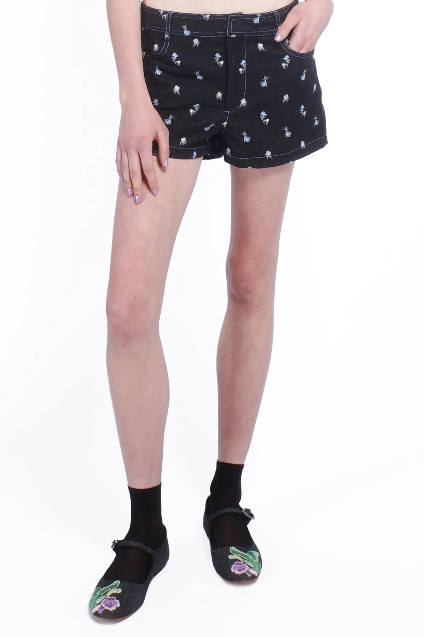 Denim Embroidered Roses Shorts