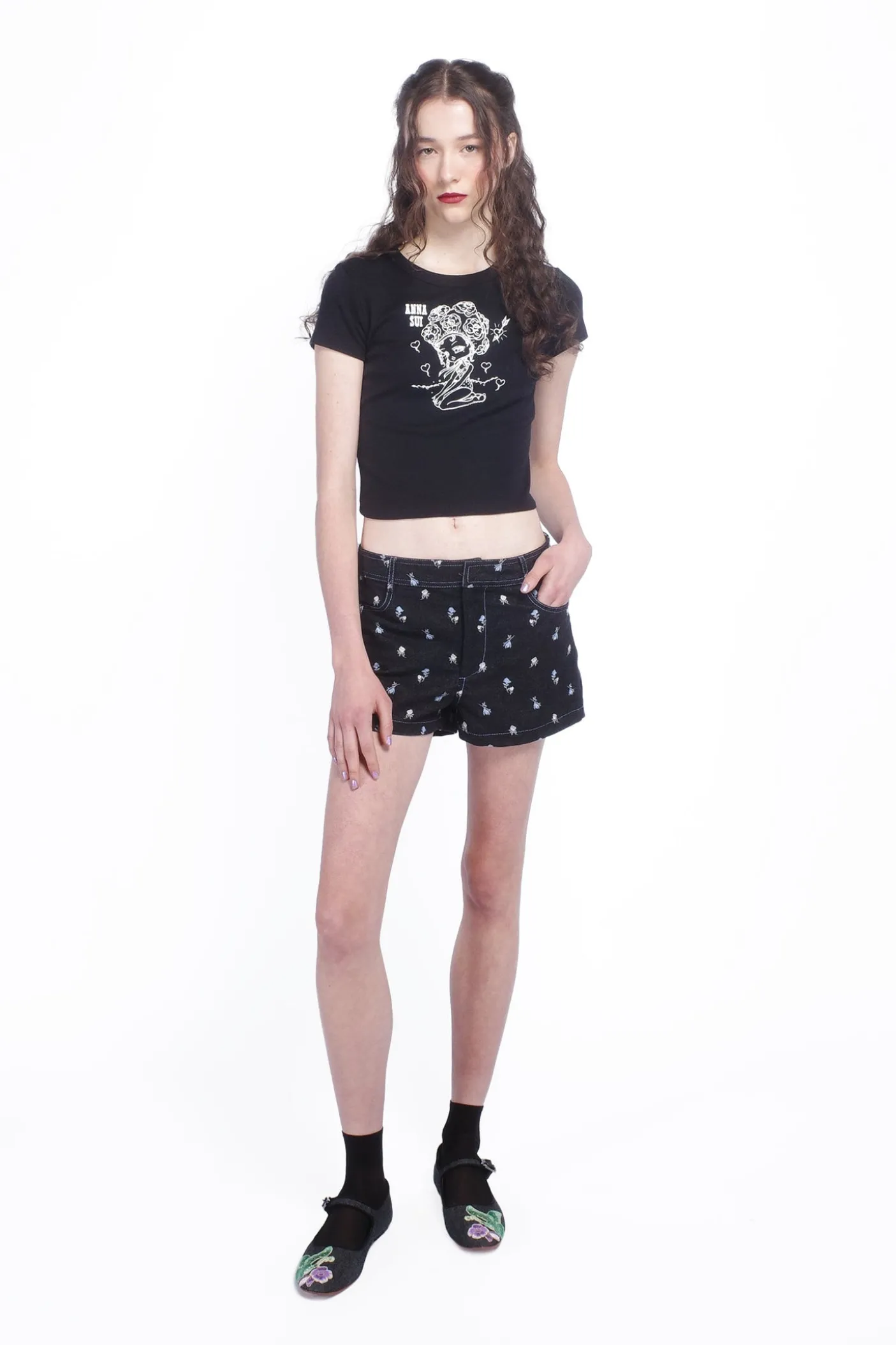 Denim Embroidered Roses Shorts