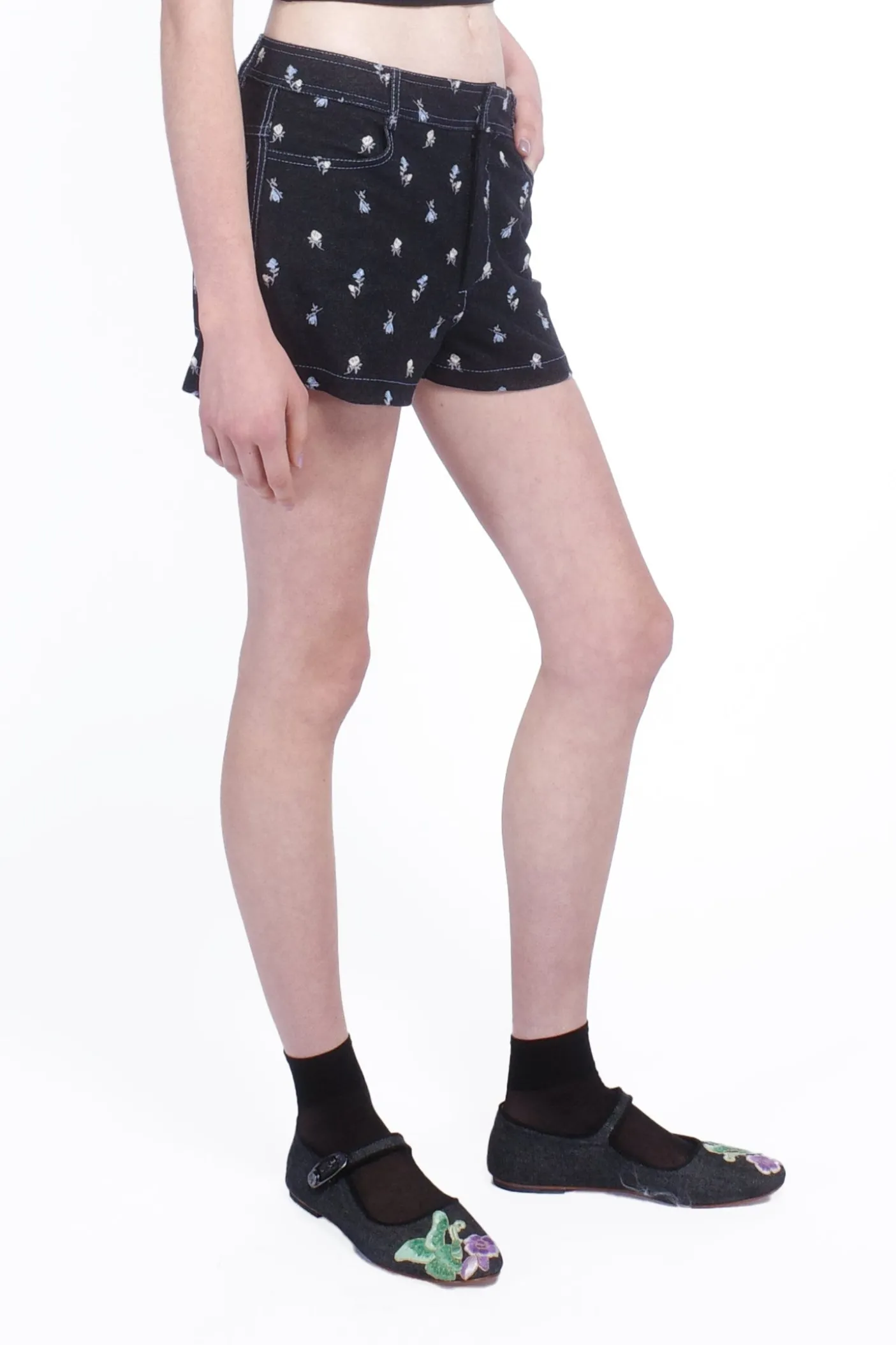 Denim Embroidered Roses Shorts