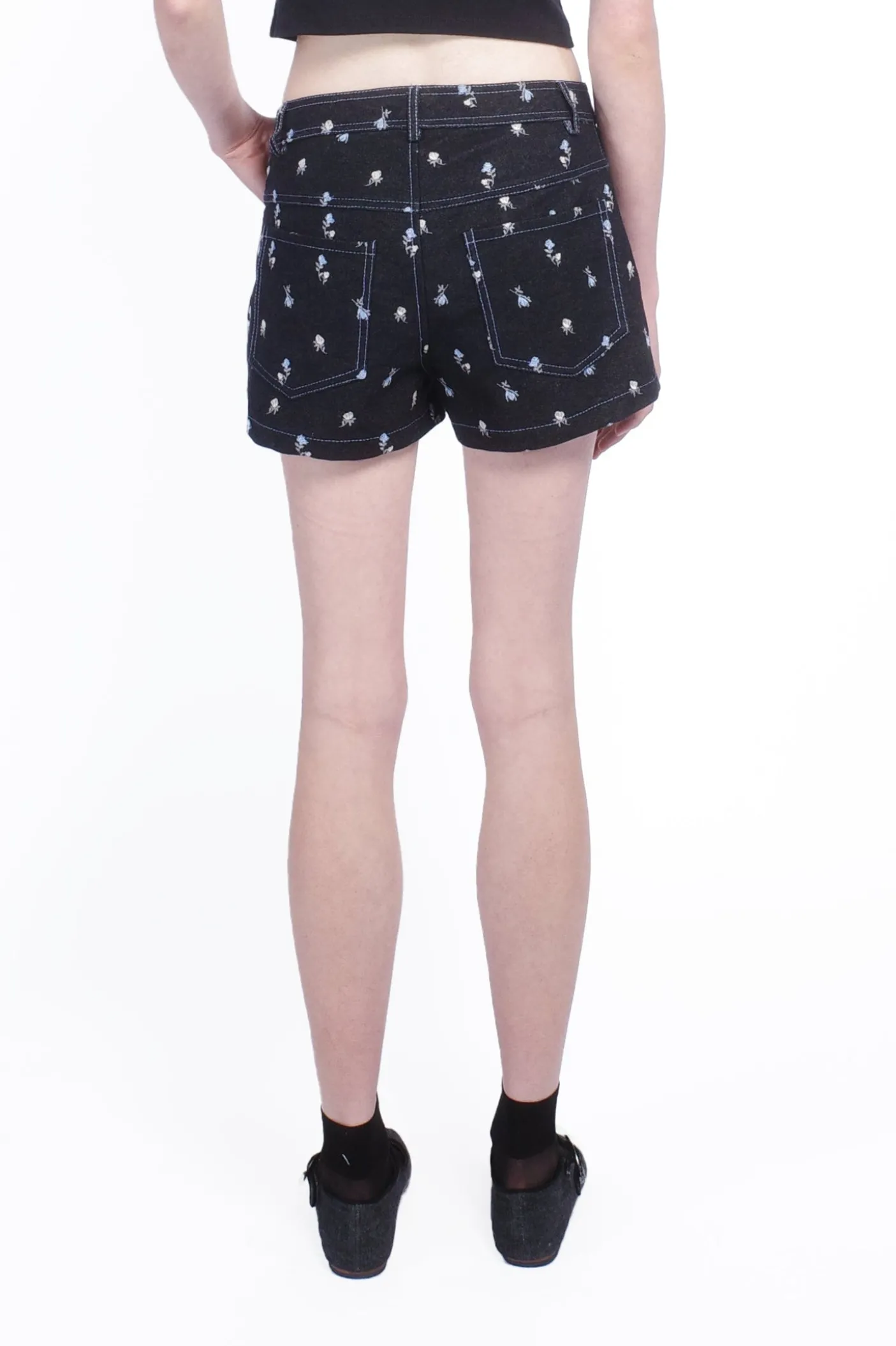 Denim Embroidered Roses Shorts