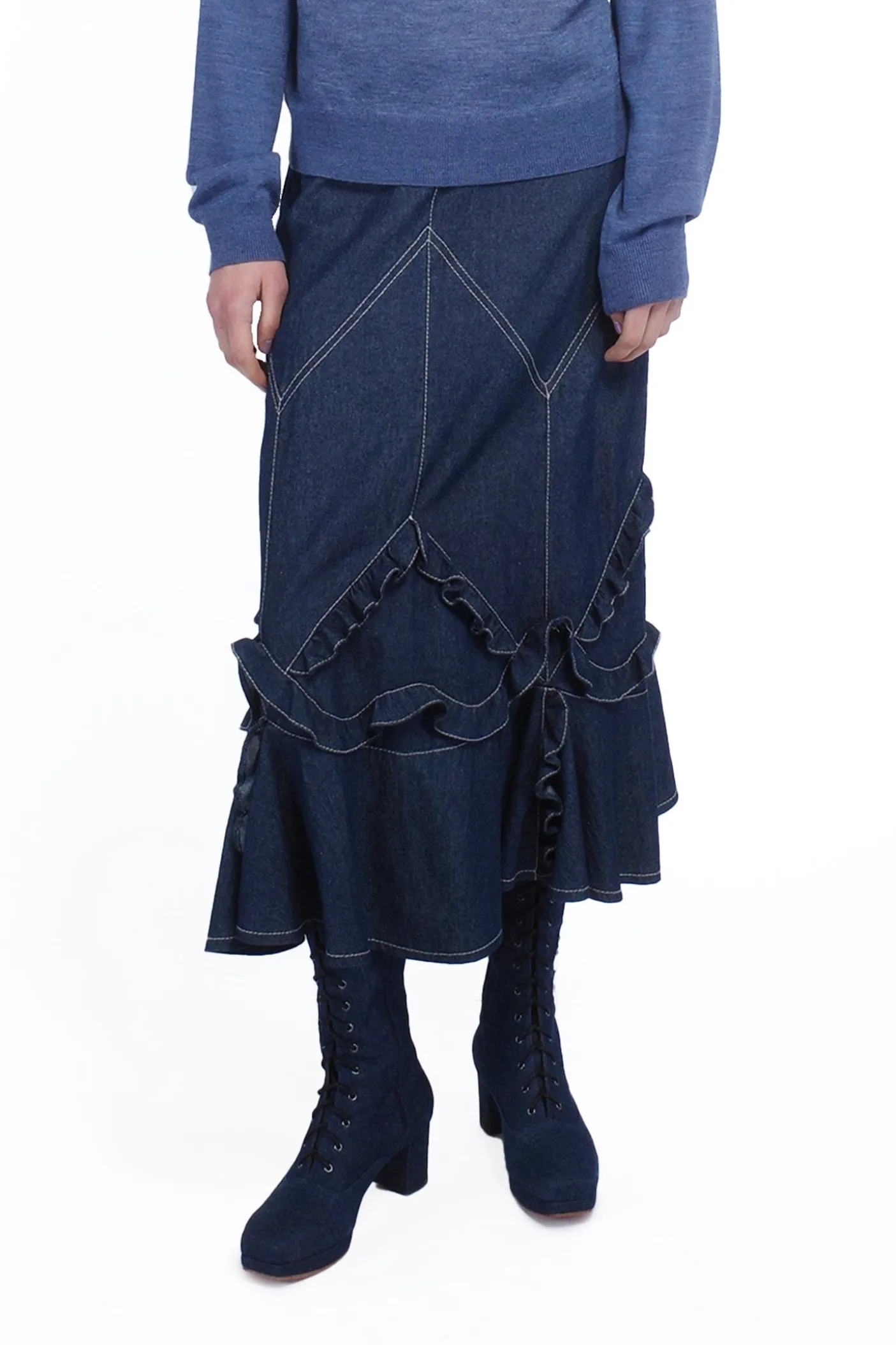 Denim Ruffle Maxi Skirt