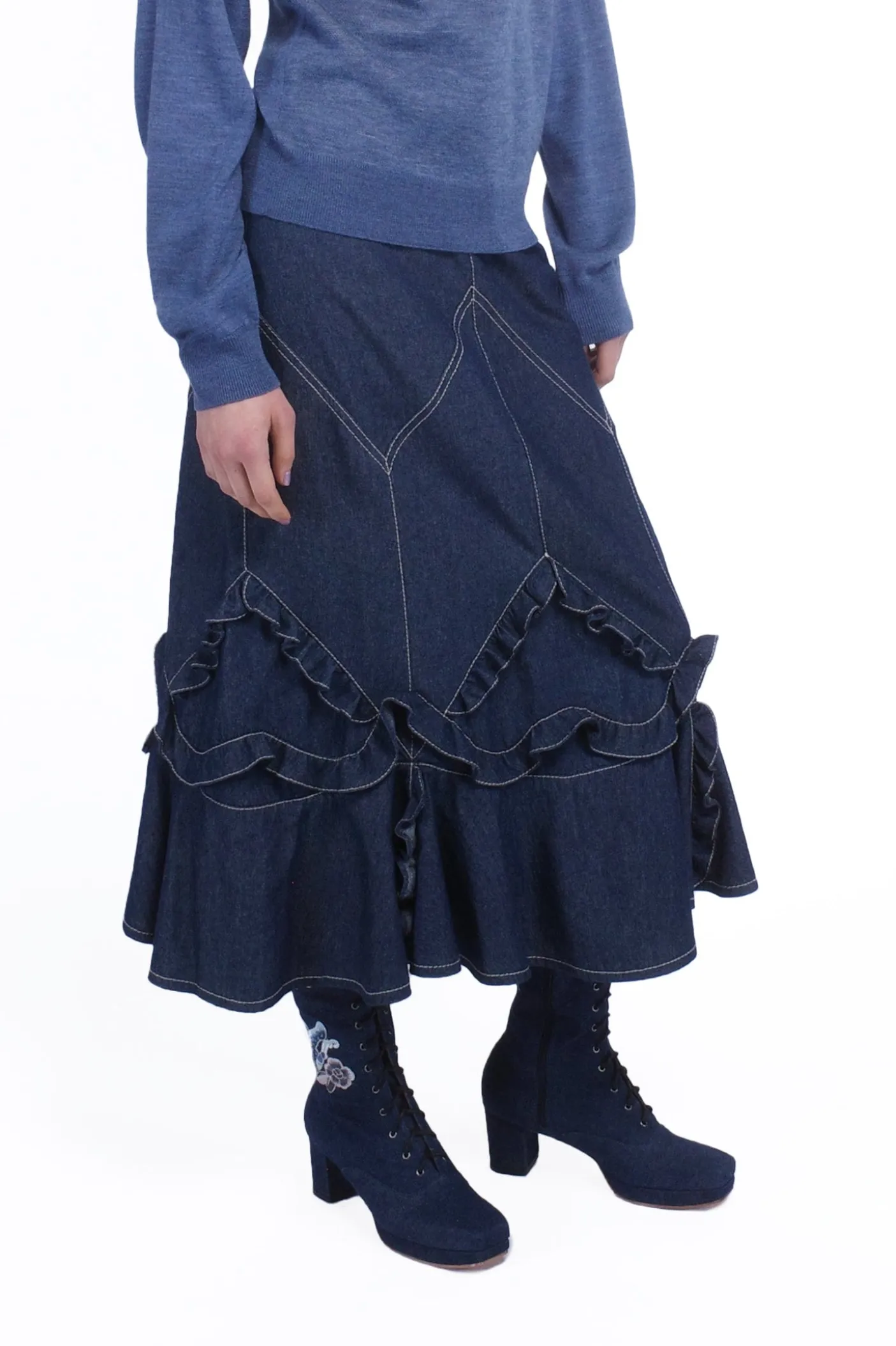 Denim Ruffle Maxi Skirt