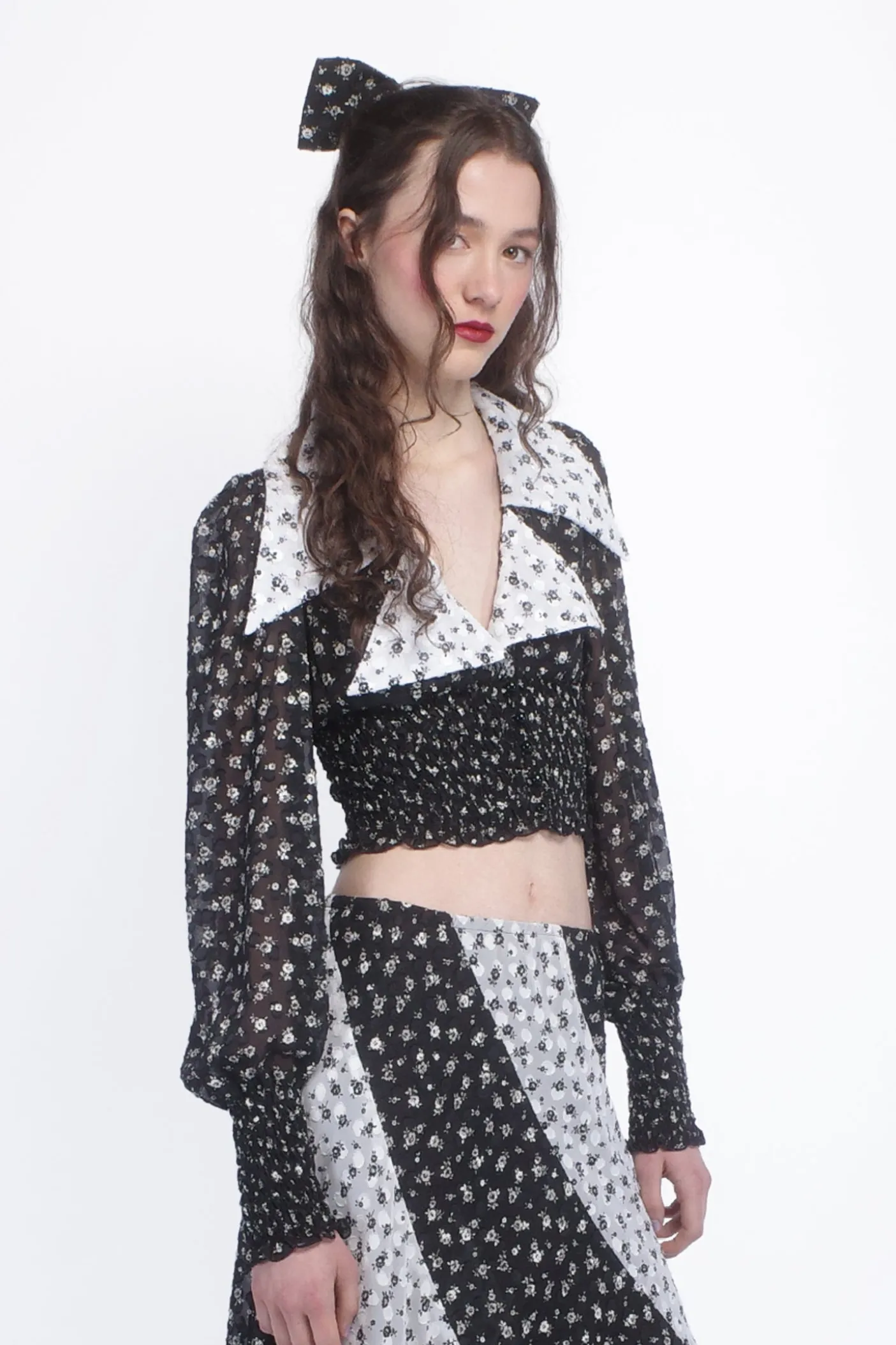 Ditsy Dot Chiffon Collared Smocked Top