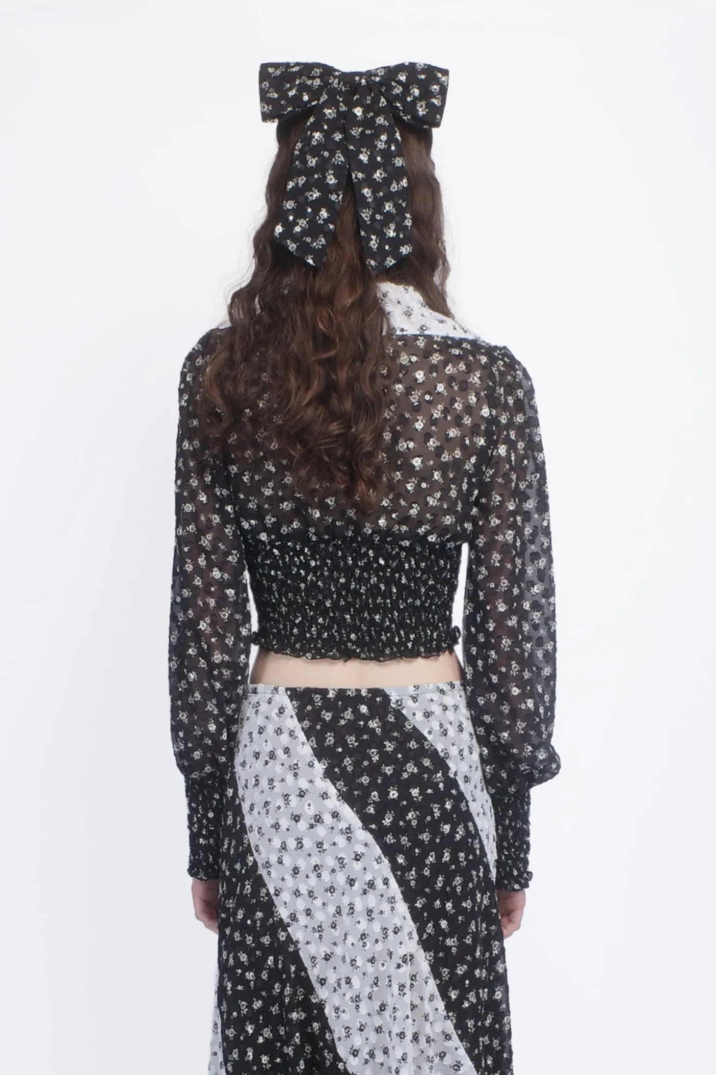 Ditsy Dot Chiffon Collared Smocked Top