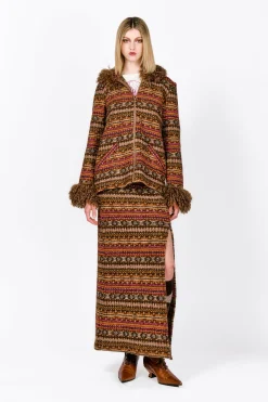 Fair Isle Fleece Maxi Skirt with Slit
