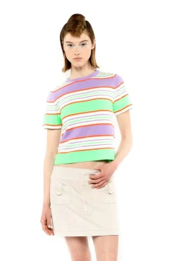 Fluorescent Stripe Short Sleeve Knit Top-Lavender