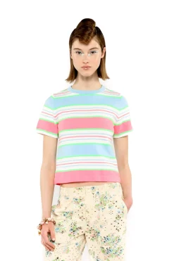 Fluorescent Stripe Short Sleeve Knit Top-Baby Blue