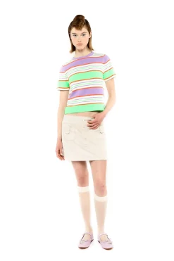 Fluorescent Stripe Short Sleeve Knit Top-Lavender