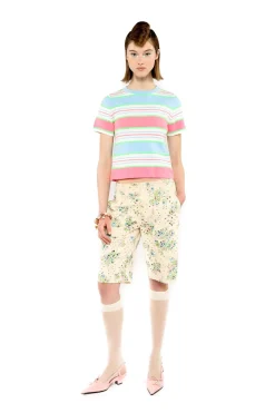 Fluorescent Stripe Short Sleeve Knit Top-Baby Blue