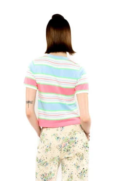 Fluorescent Stripe Short Sleeve Knit Top-Baby Blue