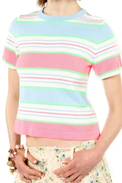 Fluorescent Stripe Short Sleeve Knit Top-Baby Blue