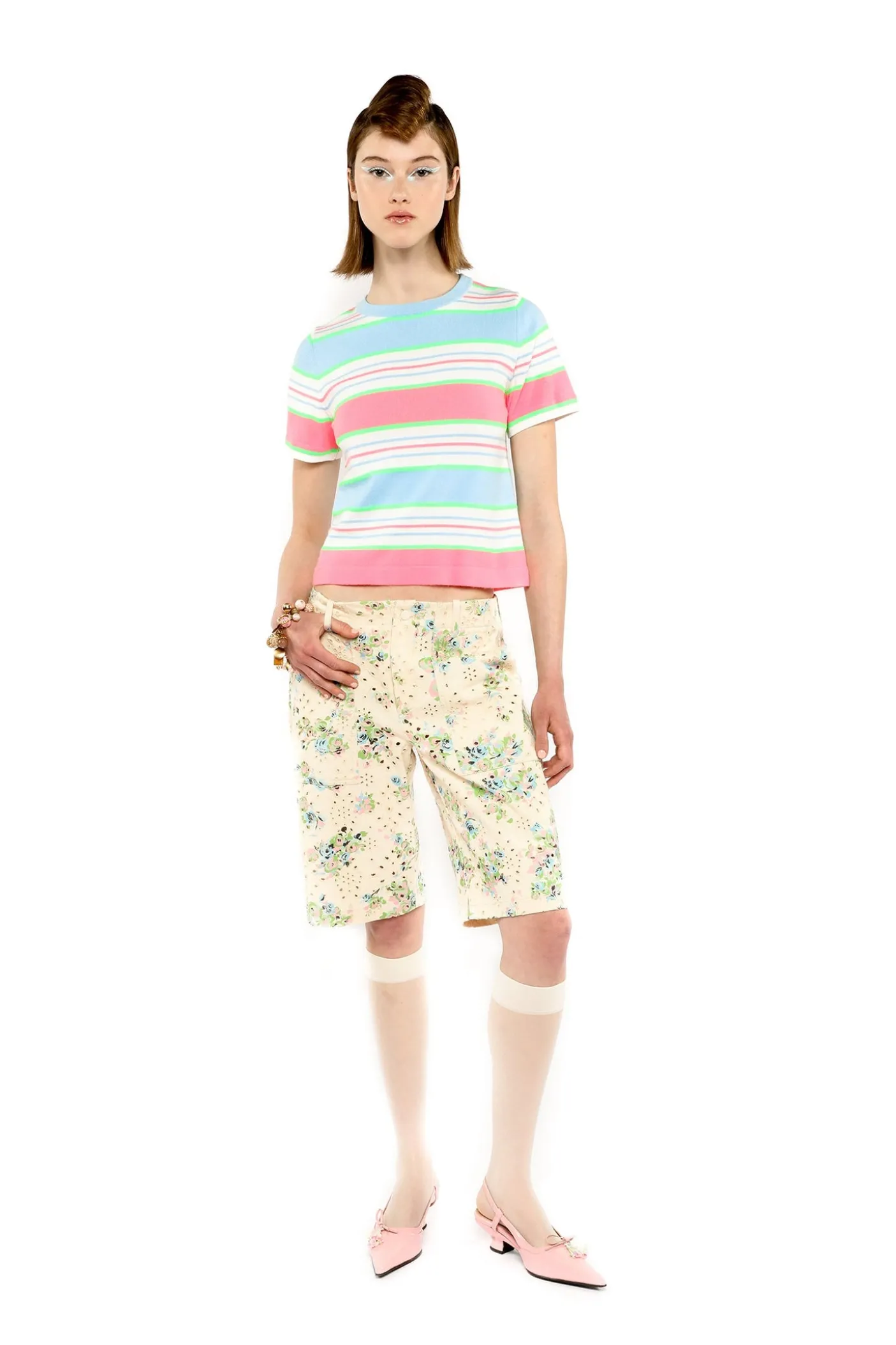 Fluorescent Stripe Short Sleeve Knit Top-Baby Blue