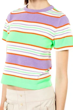 Fluorescent Stripe Short Sleeve Knit Top-Lavender