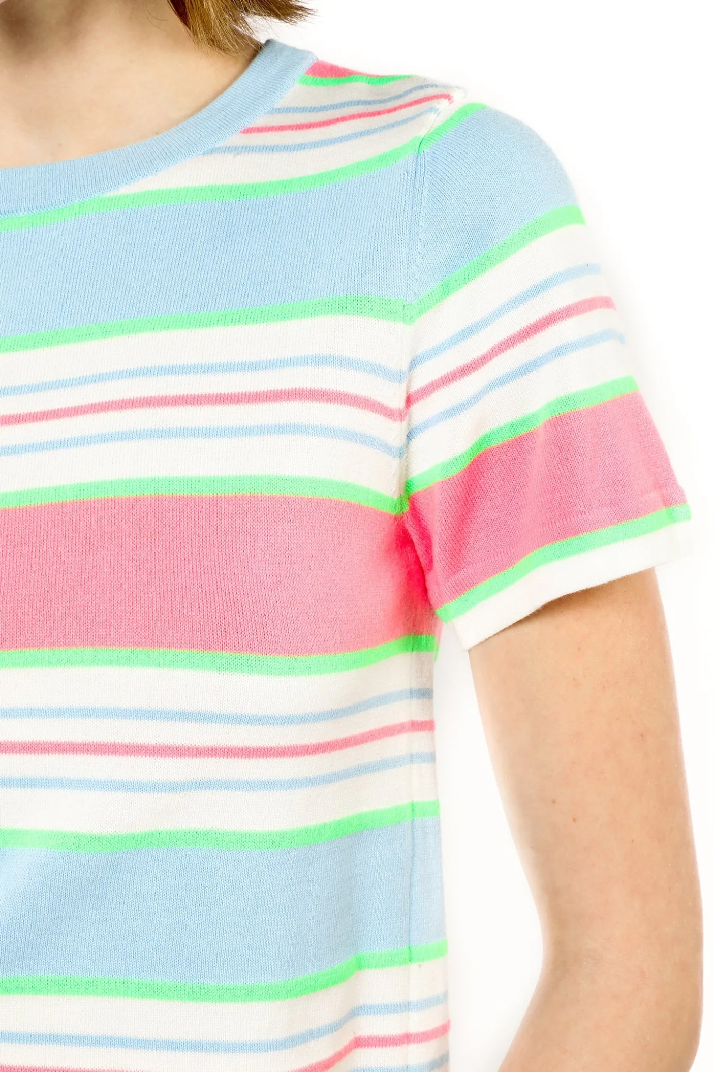 Fluorescent Stripe Short Sleeve Knit Top-Baby Blue