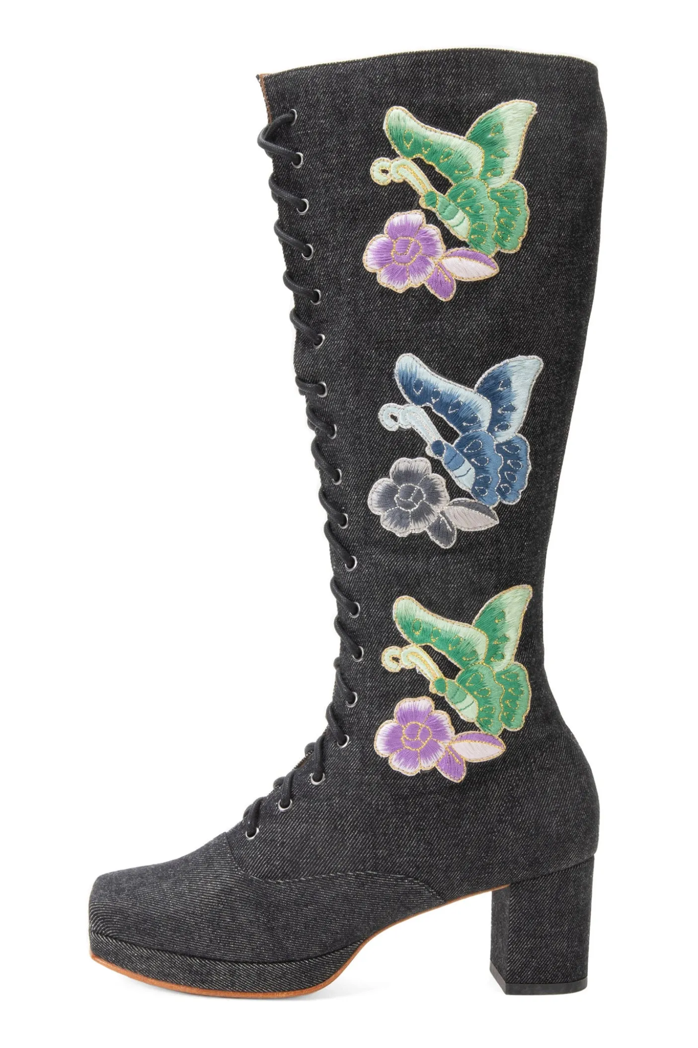John Fluevog x Anna Sui Butterfly Boots- Black Denim
