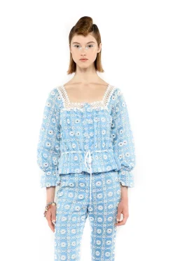 Lattice Lace Embroidery Tie Blouse