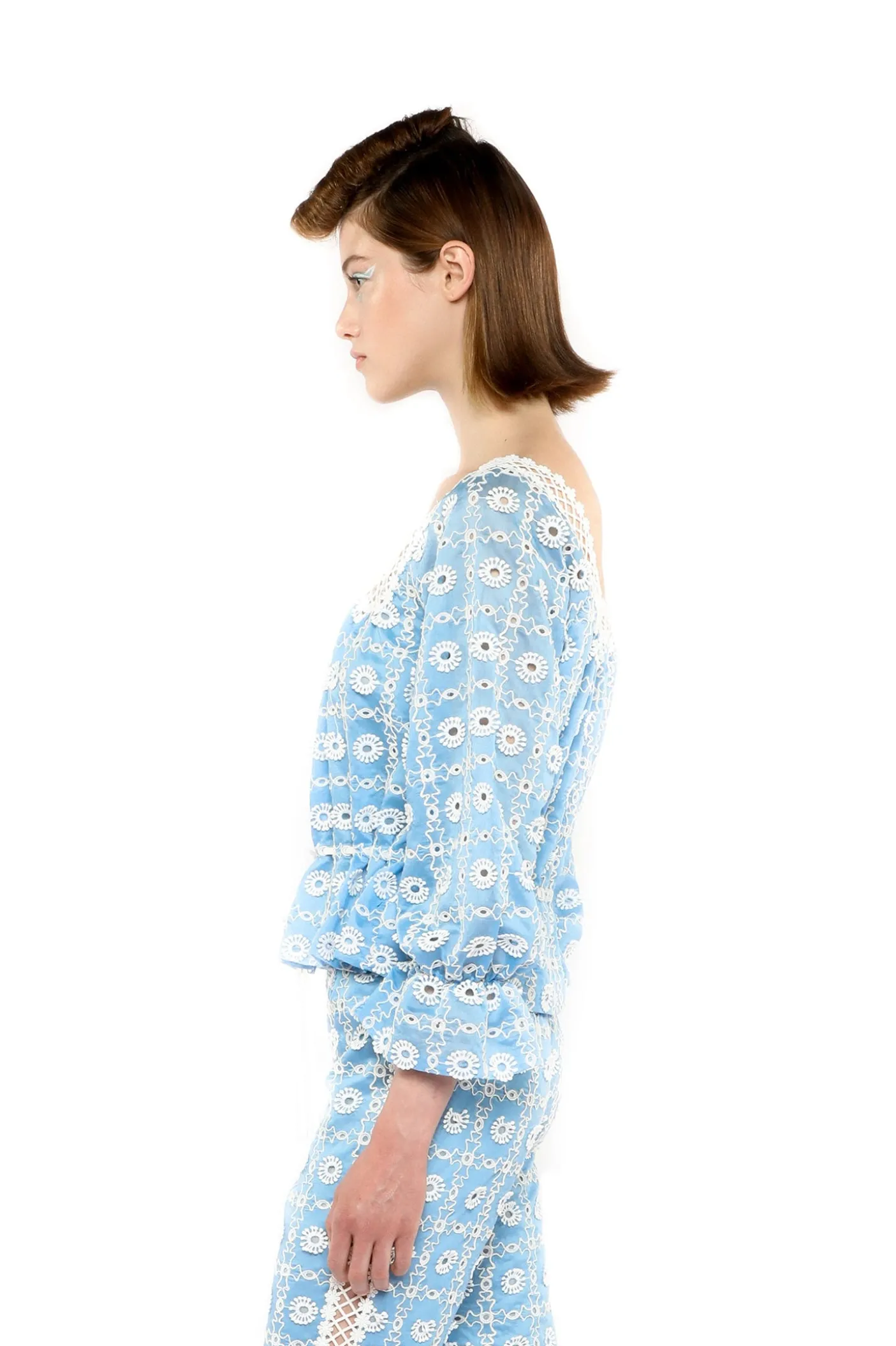 Lattice Lace Embroidery Tie Blouse