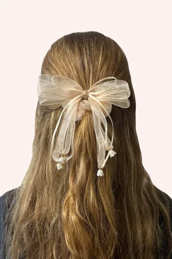 Nude Mesh Bow Flower Embellished Scrunchie