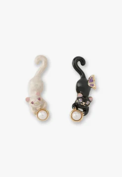 Playful Cat & Pearl Drop Earrings