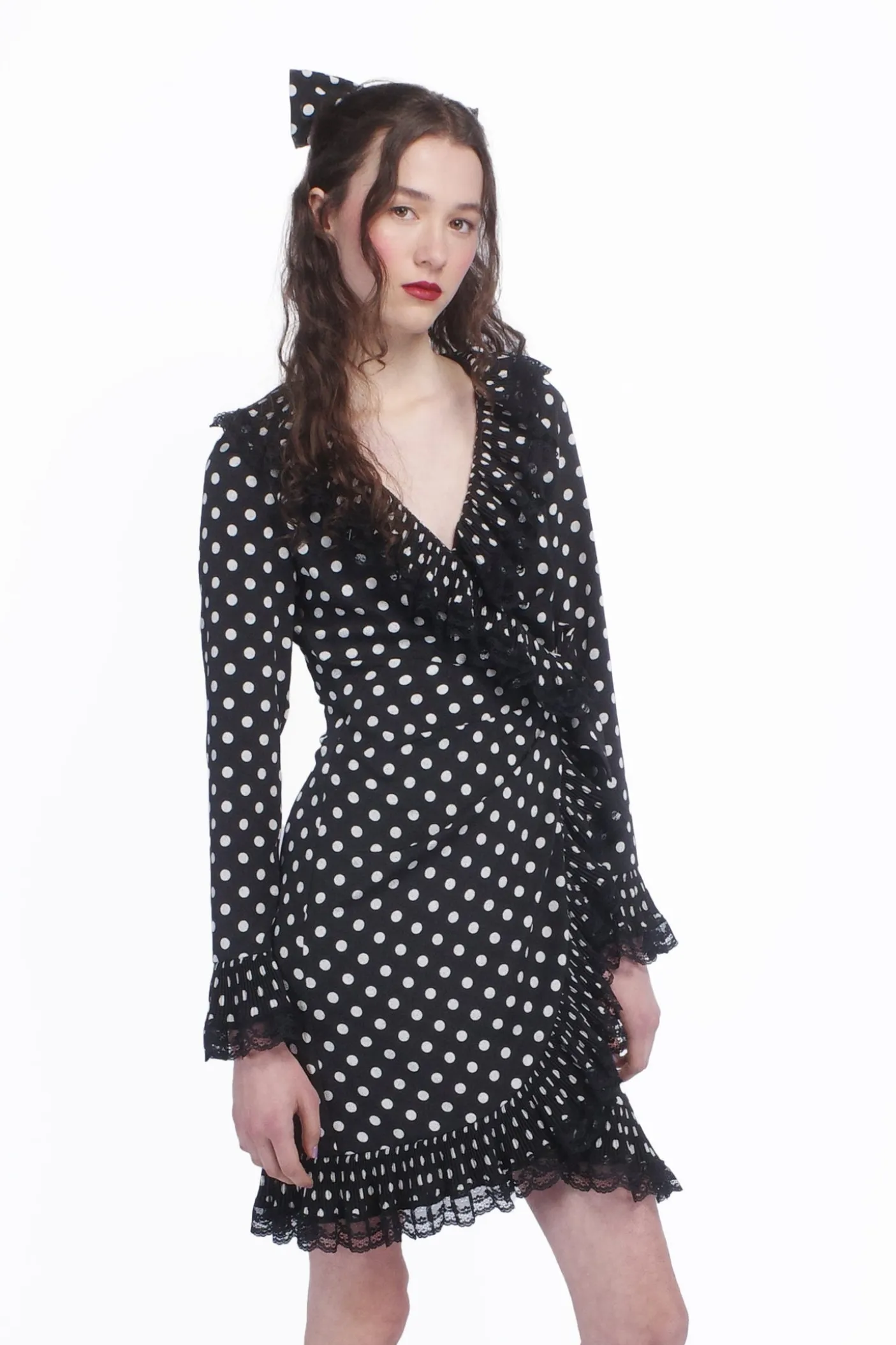 Polka Dot Pleated Wrap Dress