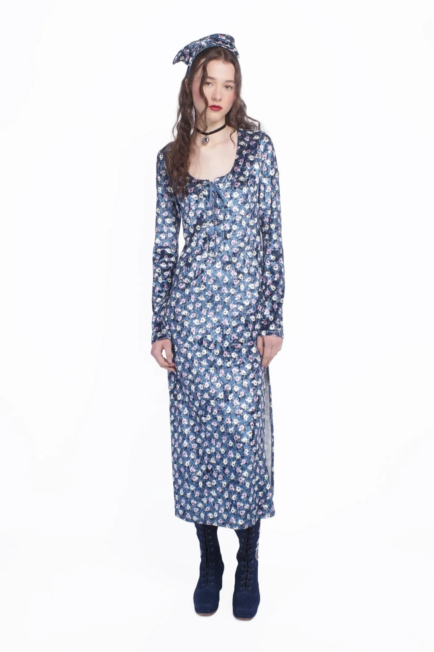 Posie Stretch Velvet Long Dress With Slit