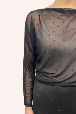 Rhinestone Mesh Gathered Top