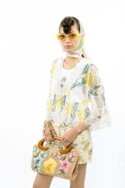 Rose Printed Chantilly Lace V-neck Blouse