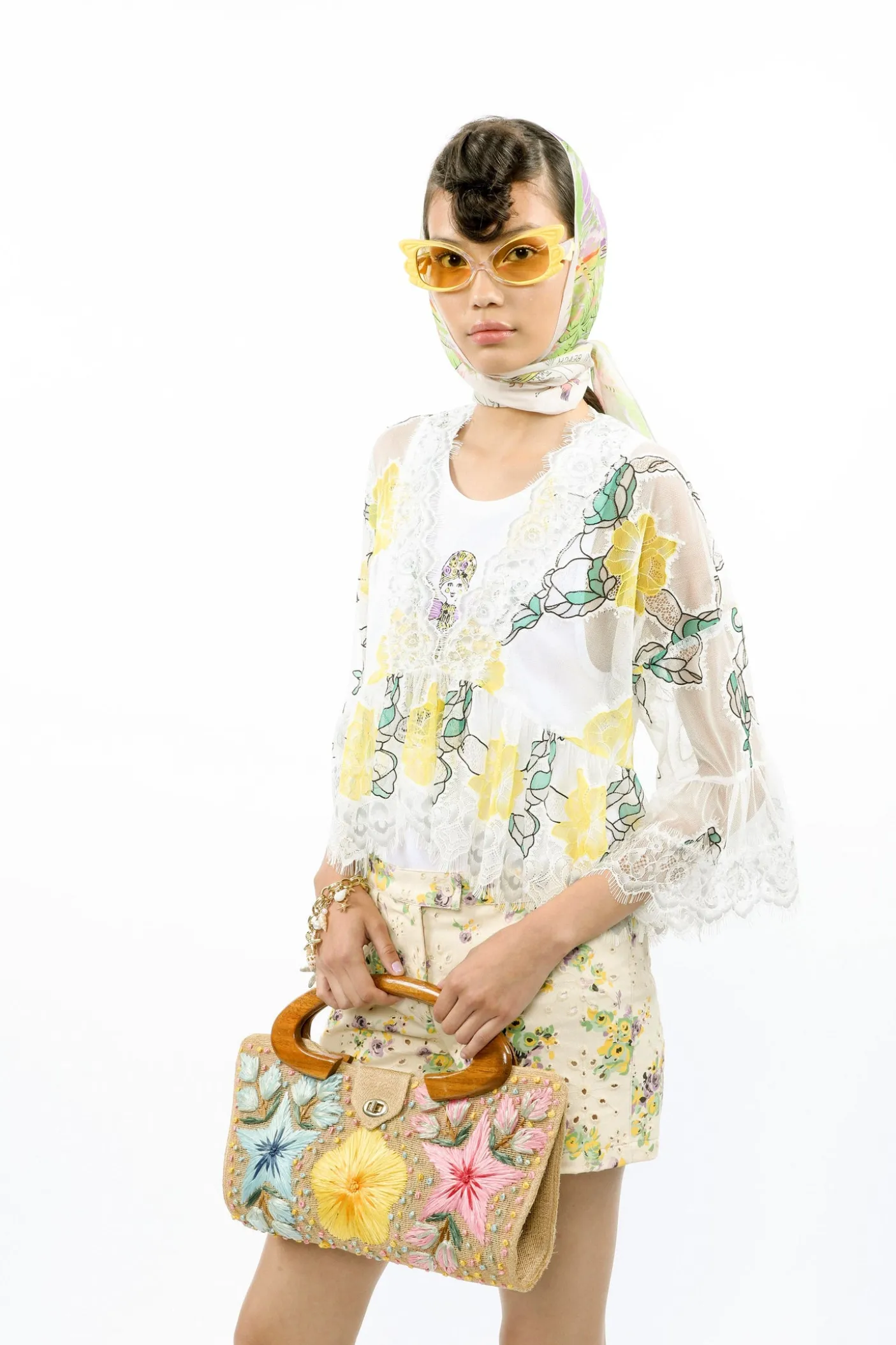 Rose Printed Chantilly Lace V-neck Blouse