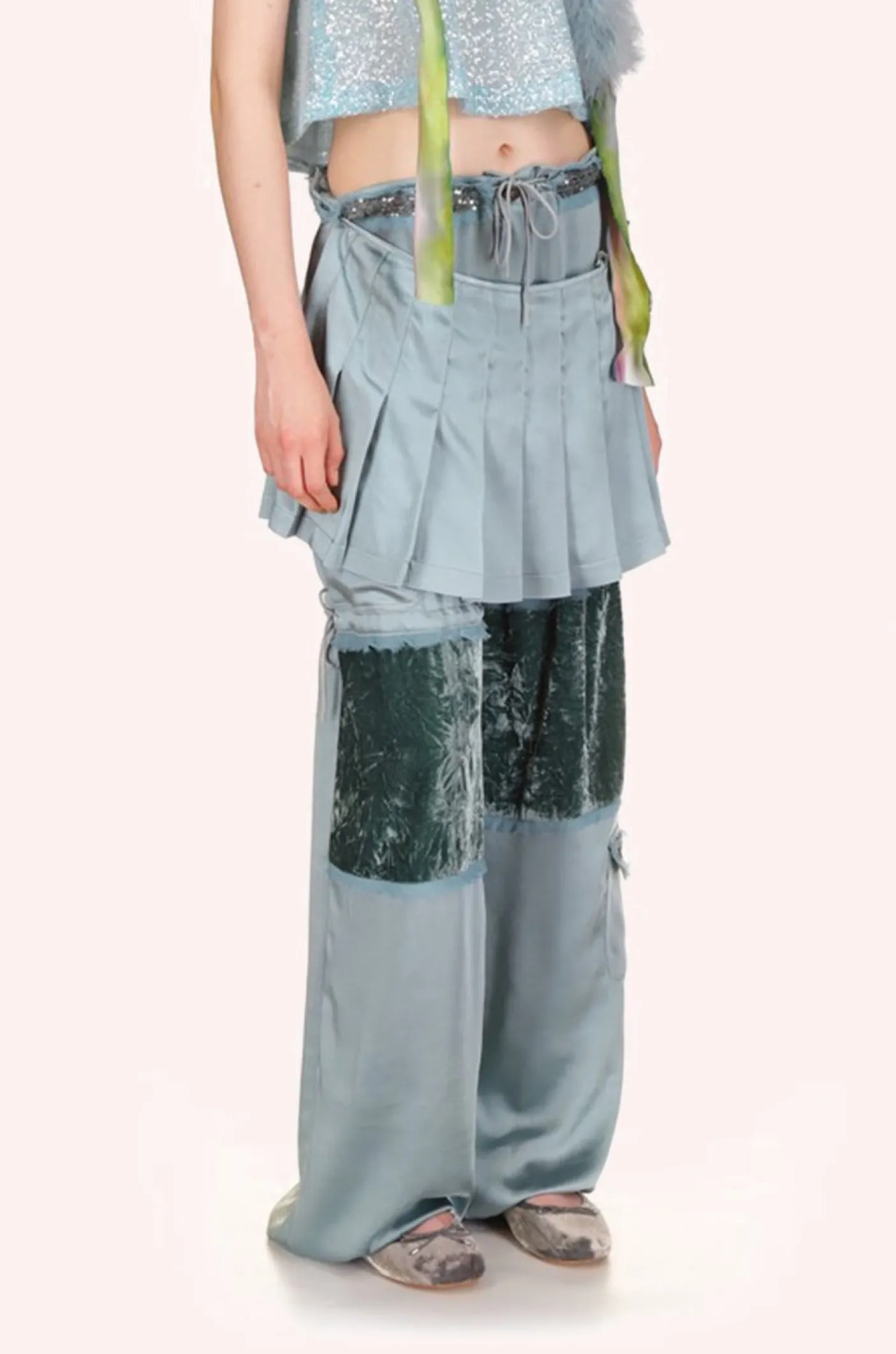 Sequin Chiffon Trimmed Washed Satin Pants