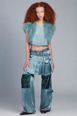 Sequin Chiffon Trimmed Washed Satin Pants