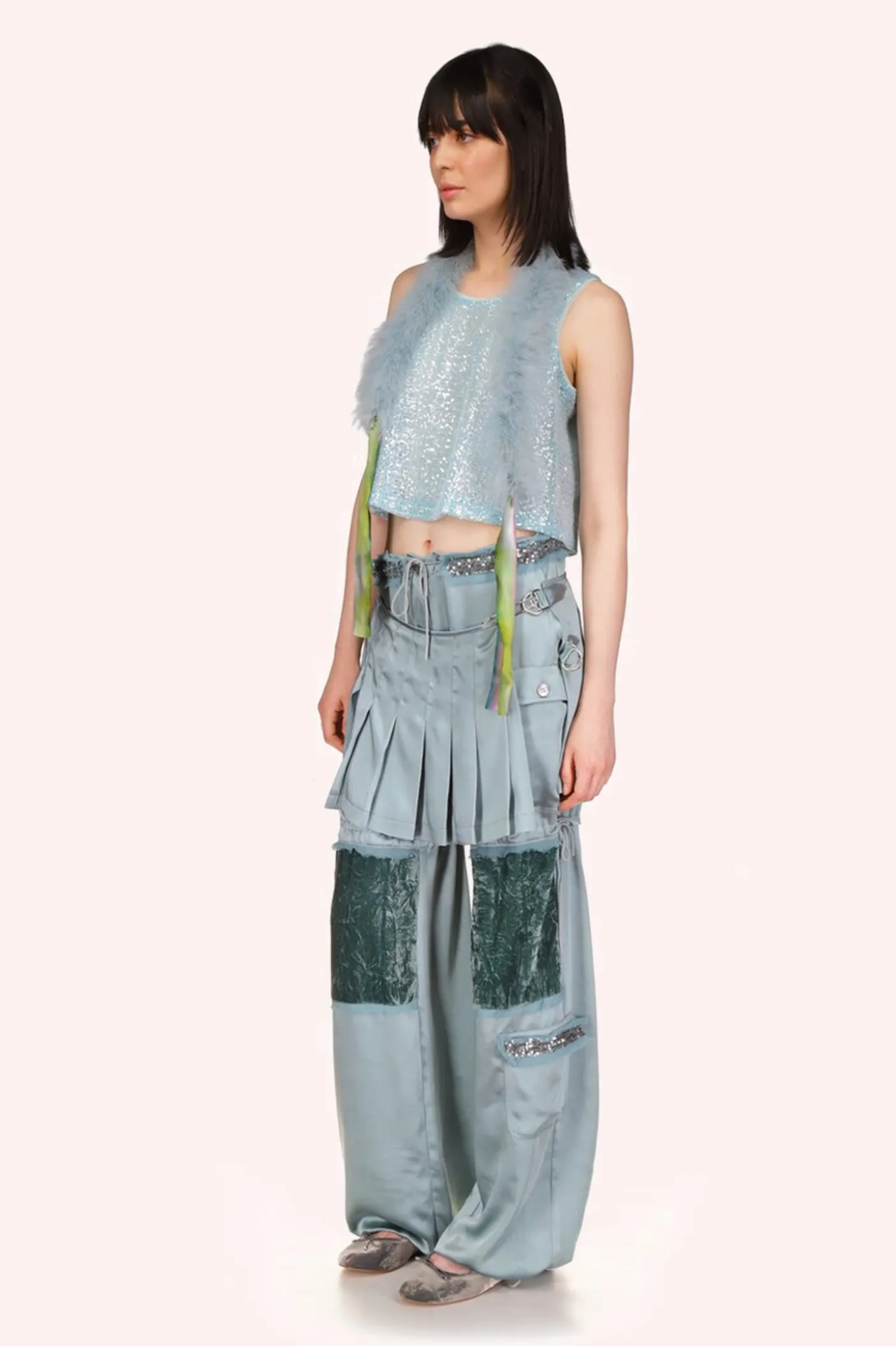 Sequin Chiffon Trimmed Washed Satin Pants