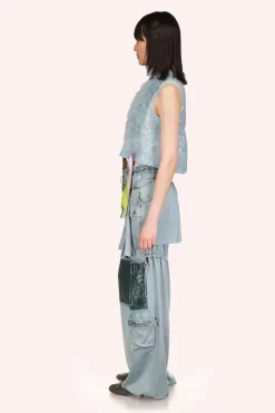 Sequin Chiffon Trimmed Washed Satin Pants
